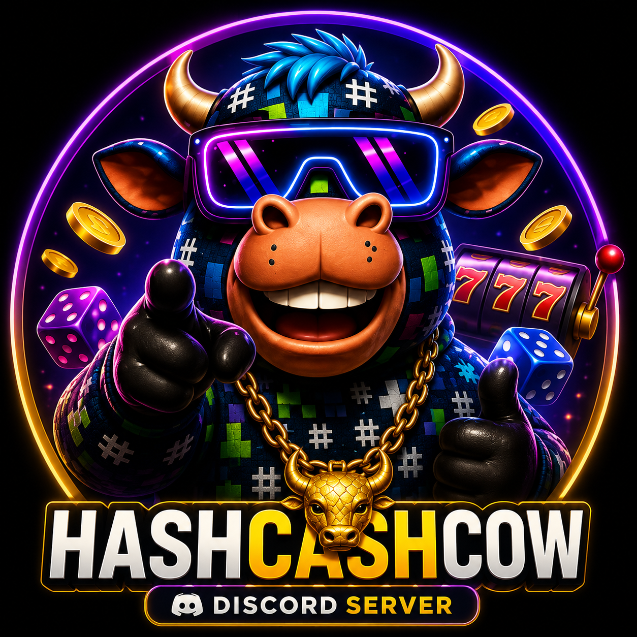 Join HashCashCow Discord — the no holds barred casino chat with the 3D bull mascot