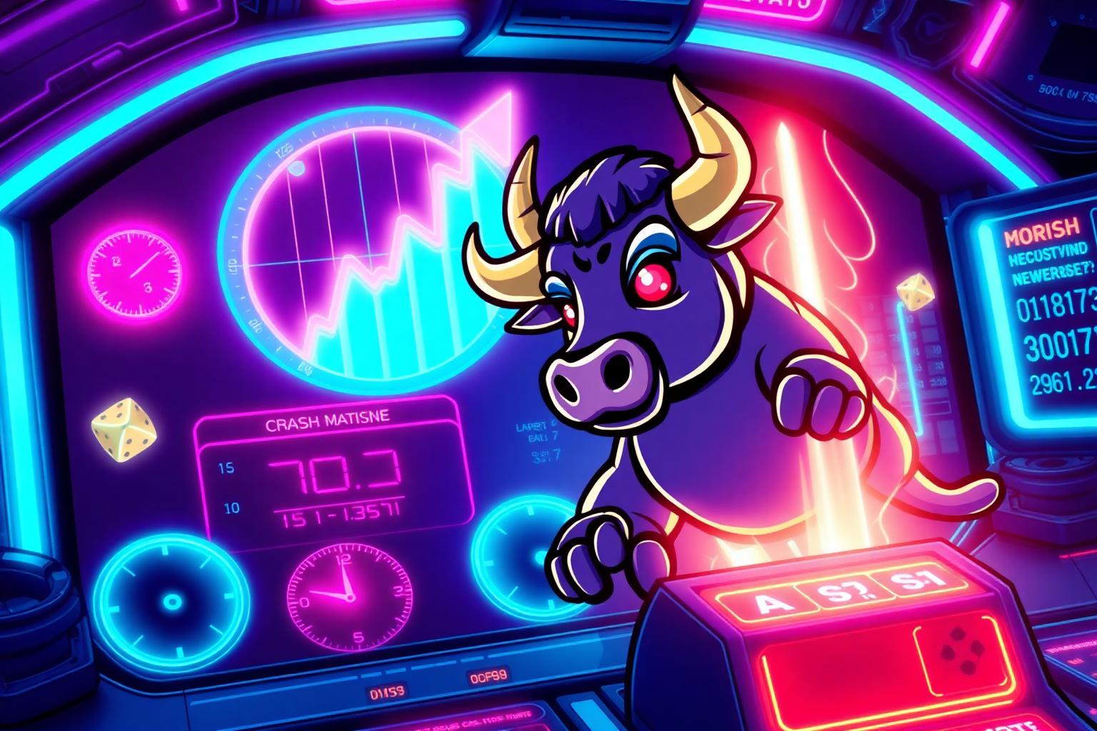 HashCashCow mascot riding a rising crash multiplier at BC.Game