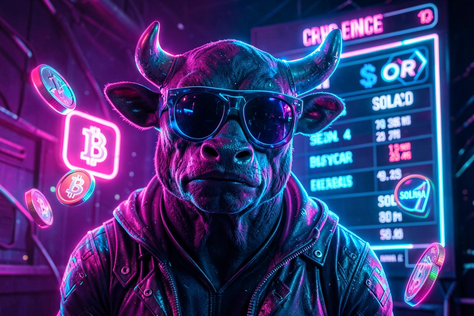 HashCashCow bull mascot in front of a neon crypto casino leaderboard with Bitcoin, Ethereum and Solana coins
