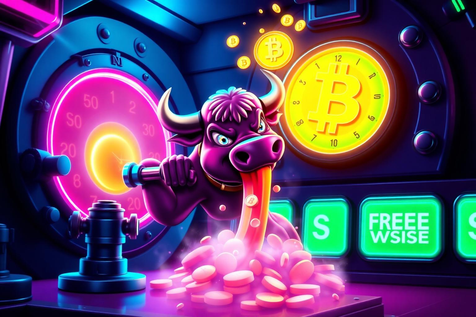 HashCashCow mascot pulling a vault lever as Bitcoin pours out at Bitstarz