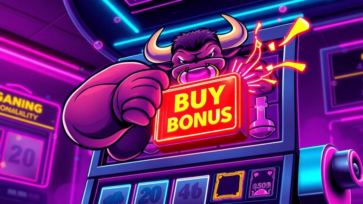 HashCashCow mascot pressing a buy bonus button on a neon slot machine