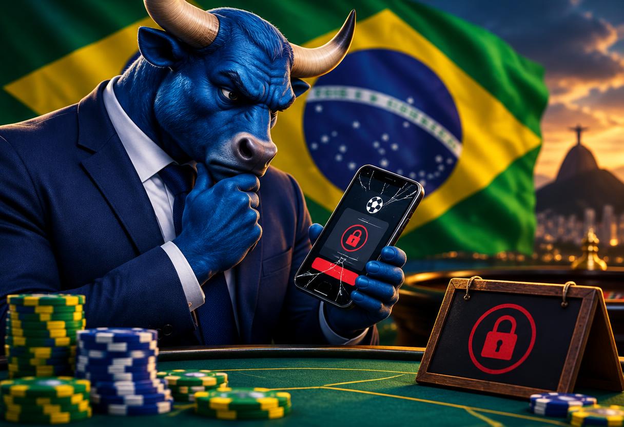 Blue bull mascot in a suit studying a cracked phone showing a locked betting app, with the Brazil flag and casino chips in the background