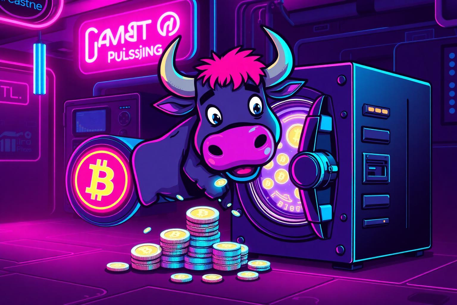 HashCashCow mascot moving crypto casino winnings into a secure vault wallet