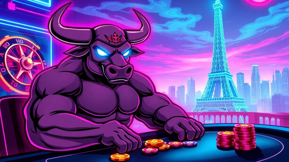 Mascotte taureau HashCashCow dans un casino crypto néon à Paris, France