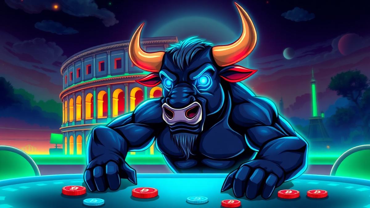 Mascotte toro HashCashCow in un casino crypto al neon a Roma, Italia