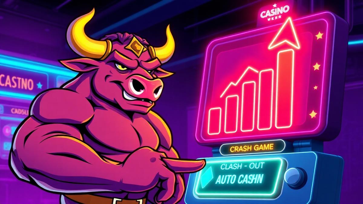 HashCashCow mascot watching a crash multiplier chart with an auto cash-out button