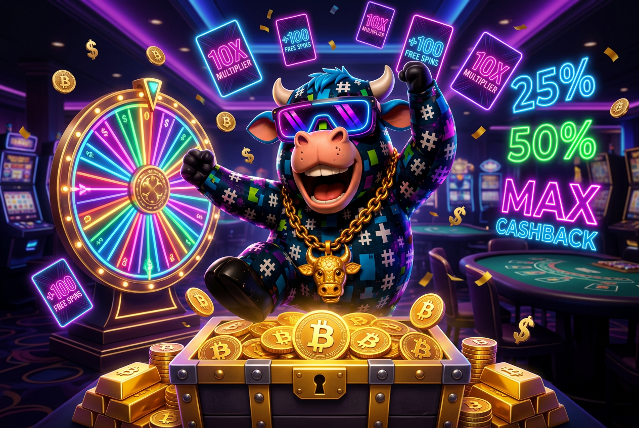 HashCashCow mascot with glowing bonus wheel and treasure chest