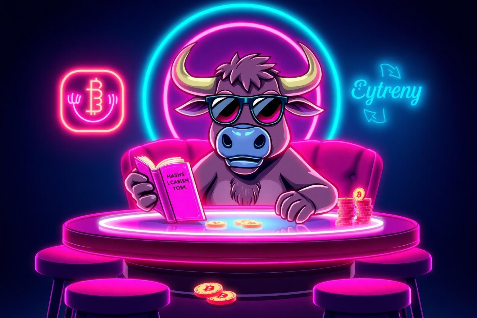 HashCashCow mascot learning the basics at a neon crypto casino table