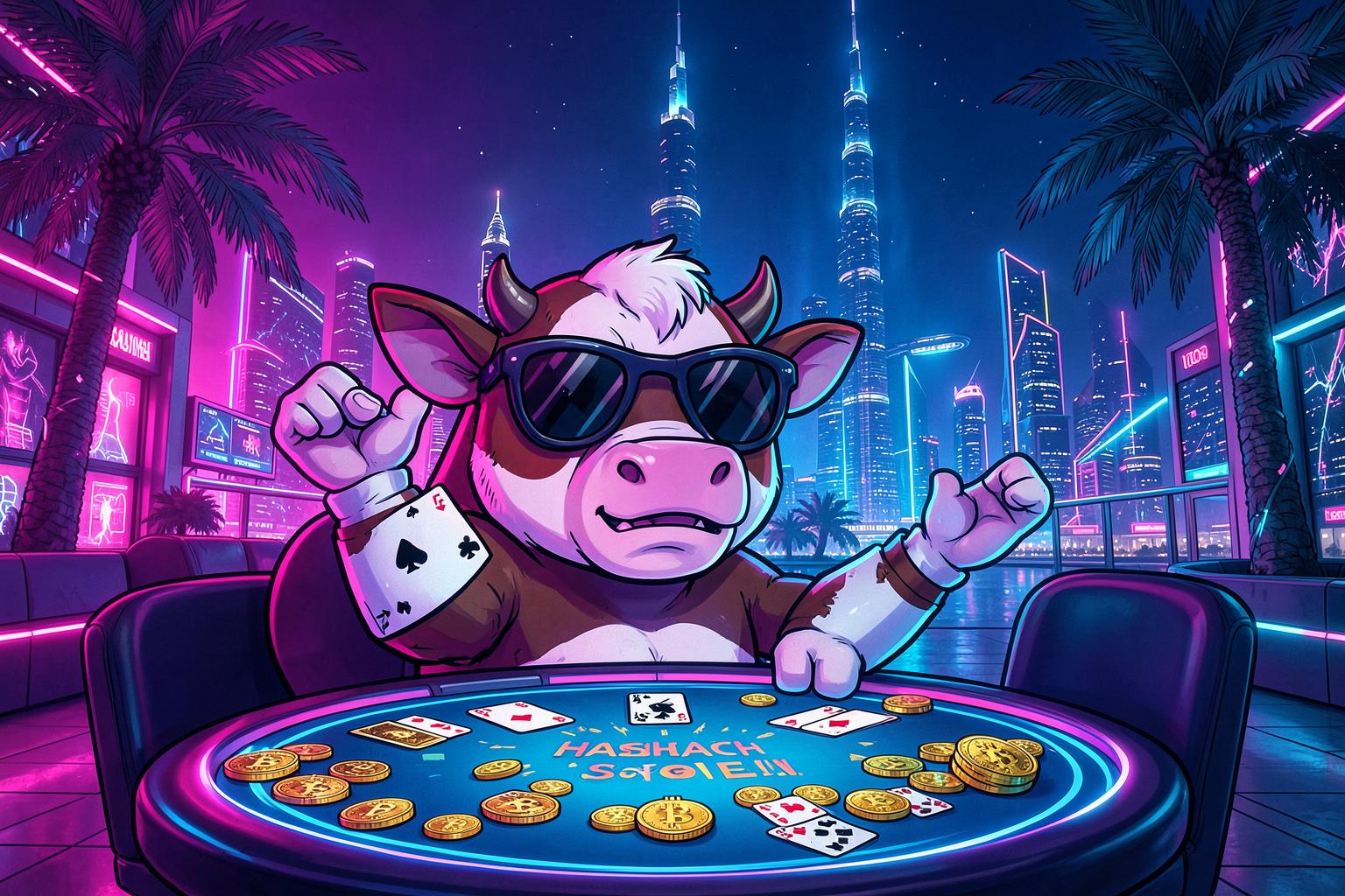 HashCashCow bull mascot at a neon crypto casino table with the Dubai skyline and Burj Khalifa at night