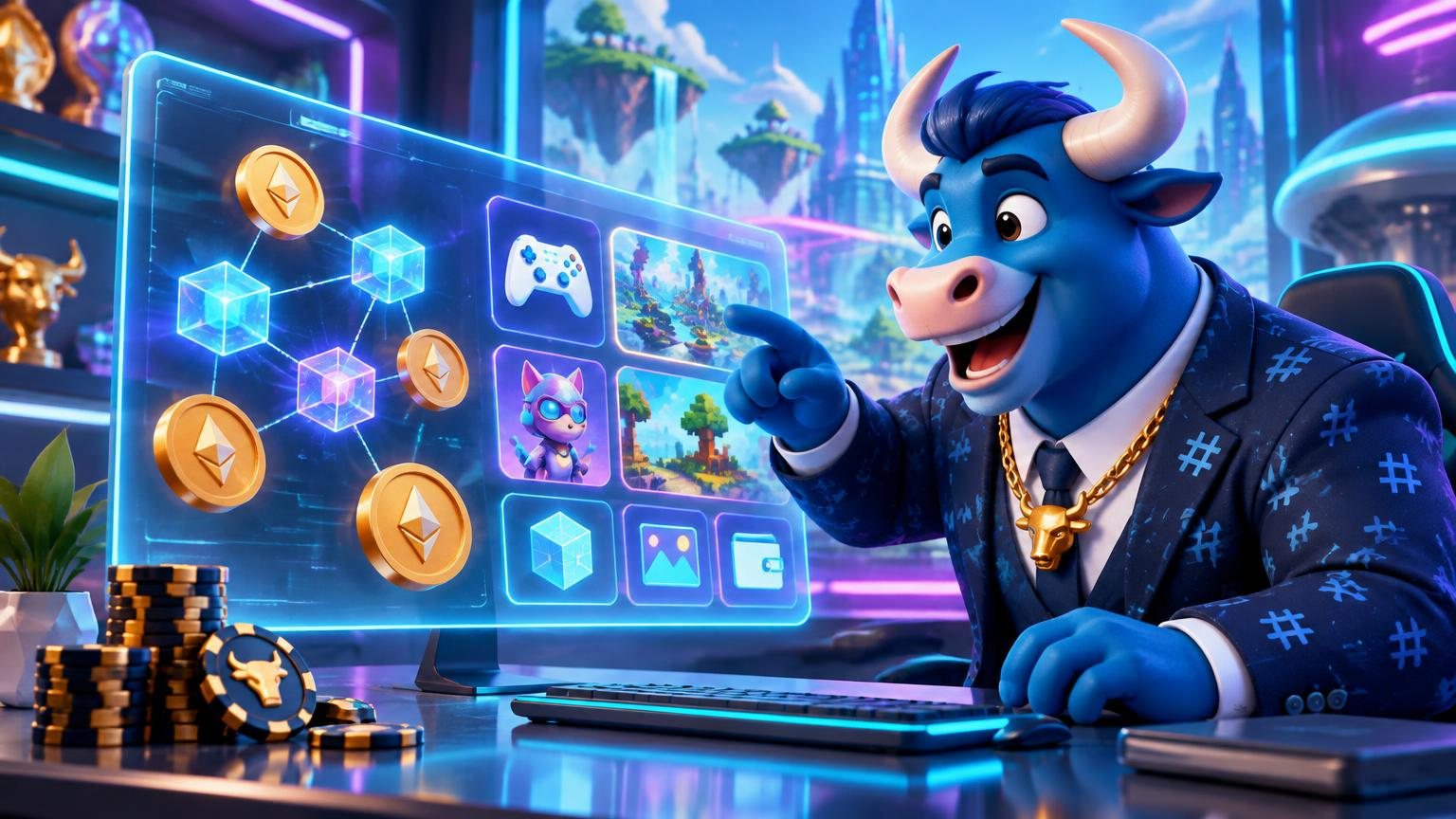HashCashCow blue bull exploring an illustrated Web3 terminal with blockchain nodes, crypto coins and gaming icons