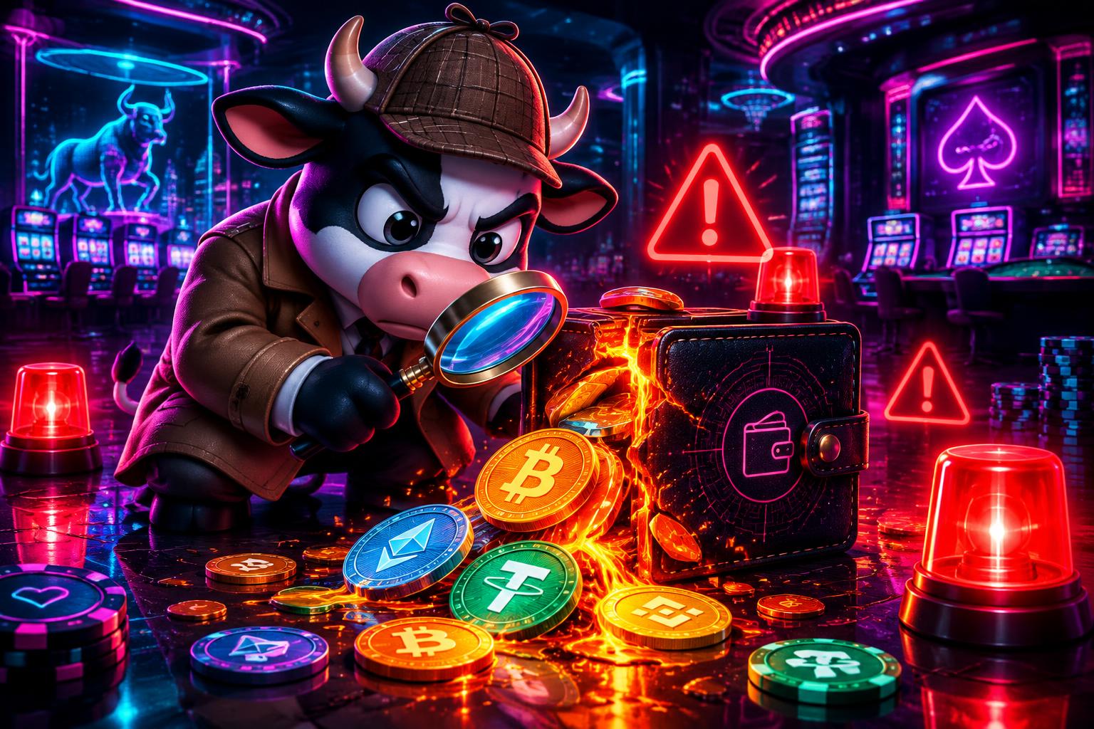 HashCashCow detective mascot inspecting a cracked crypto casino hot wallet leaking ETH, BTC and USDT
