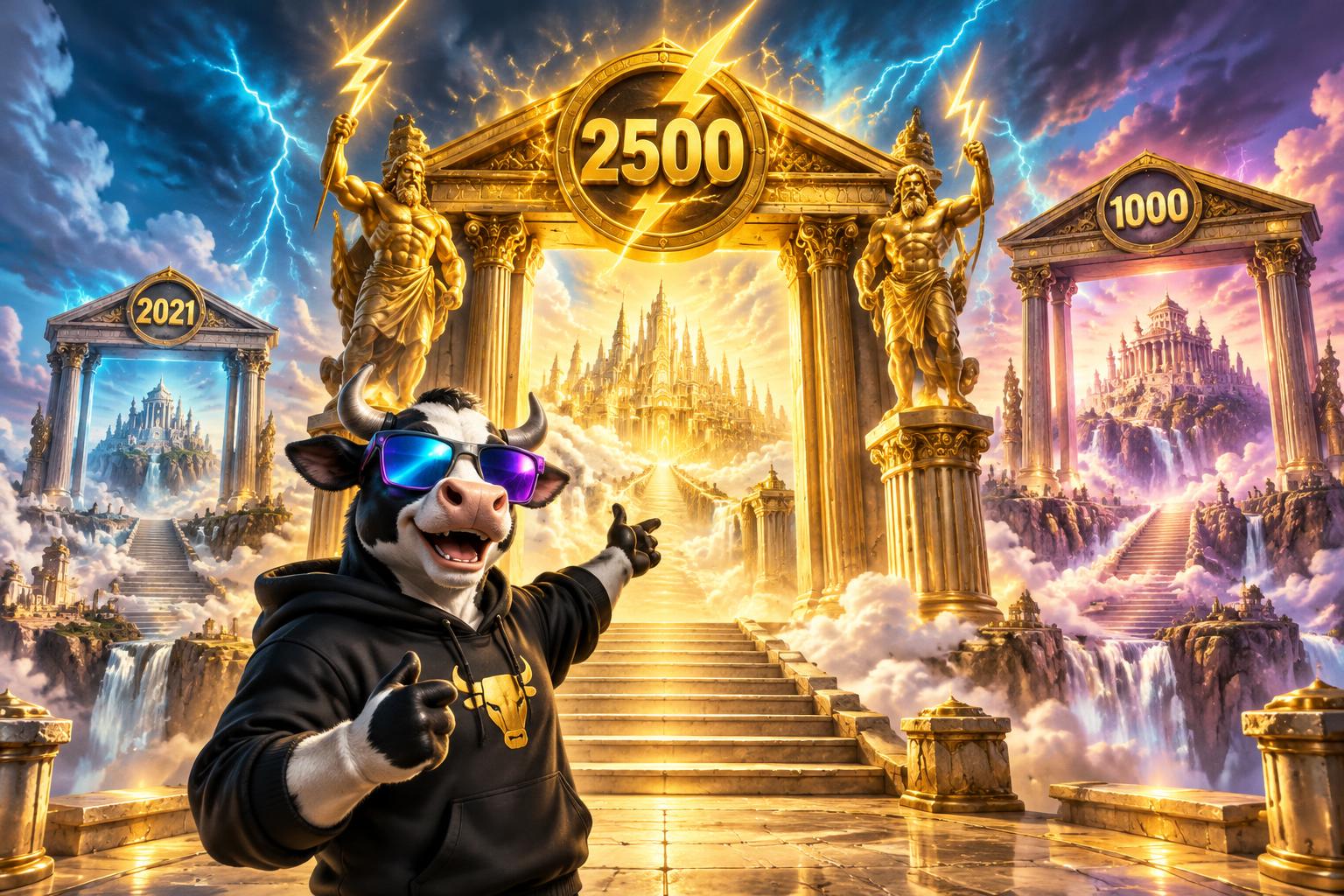 HashCashCow mascot at golden Olympus gates showing the history from Gates of Olympus in 2021 to 1000 and 2500