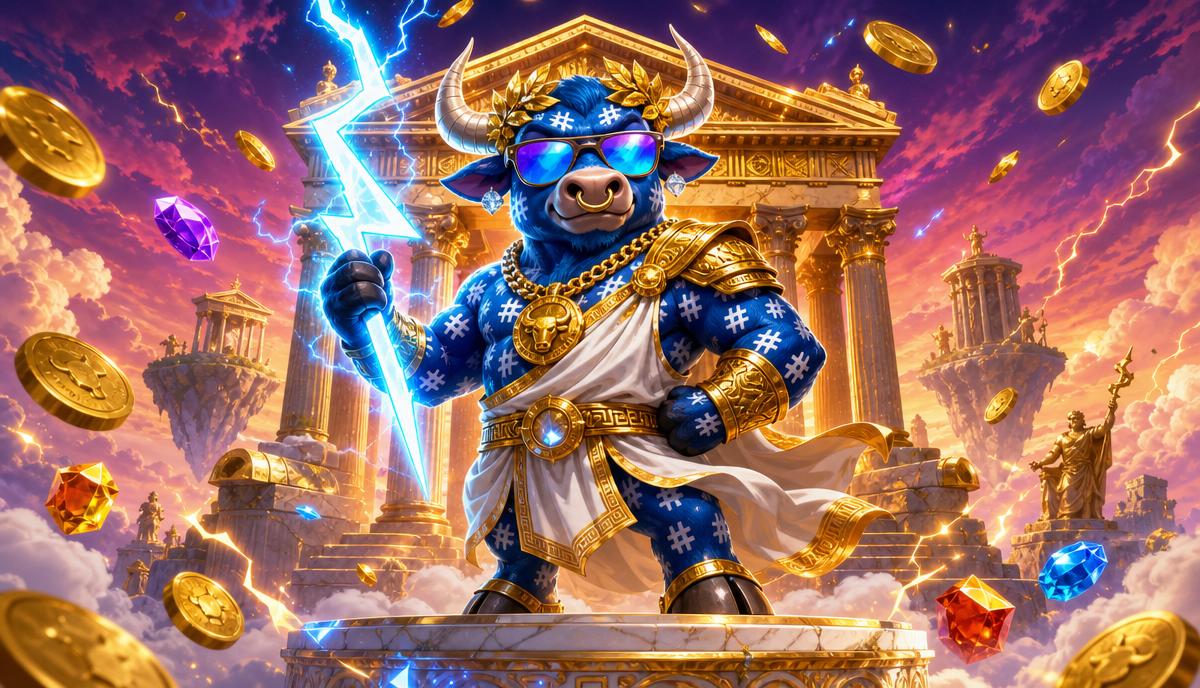 HashCashCow mascot dressed as Zeus with lightning bolt in front of a golden Gates of Olympus Greek temple