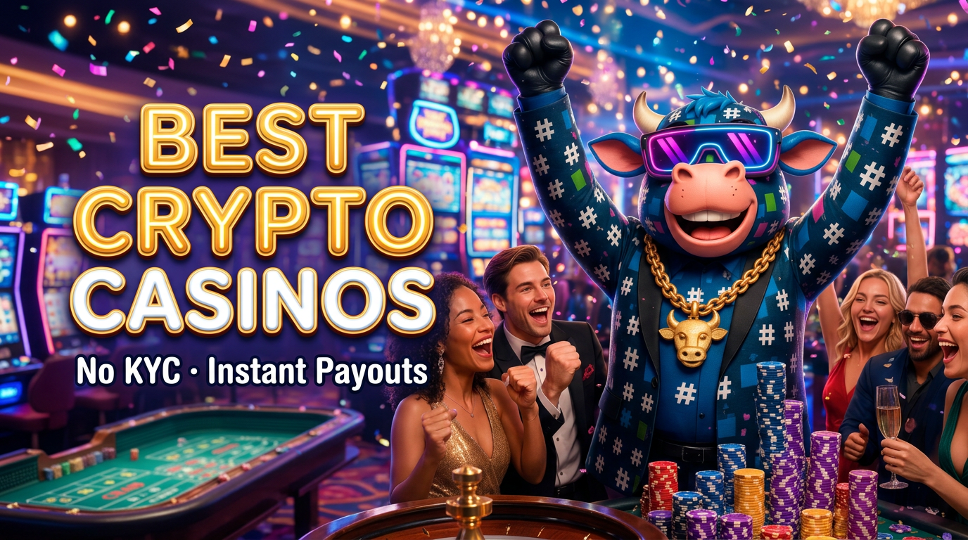 HashCashCow mascot celebrating at a casino table with the headline Best Crypto Casinos, No KYC and Instant Payouts — country guides for crypto and no KYC casinos