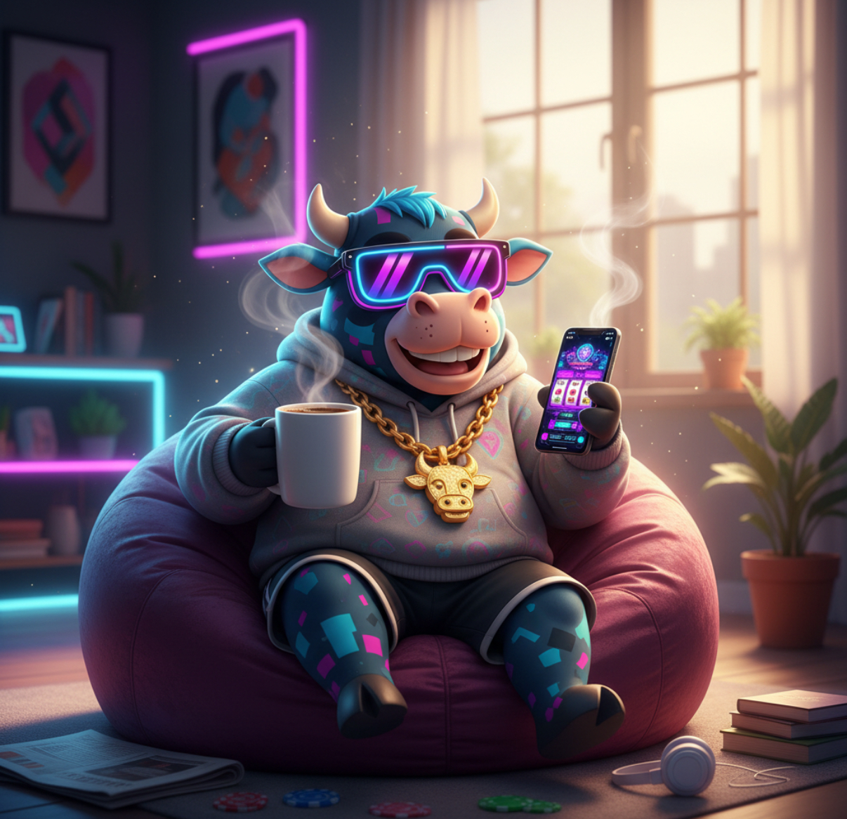 HashCashCow mascot sitting on a golden throne with diamond chains and stacks of Bitcoin — the best crypto casino and no KYC gambling guide for 2026