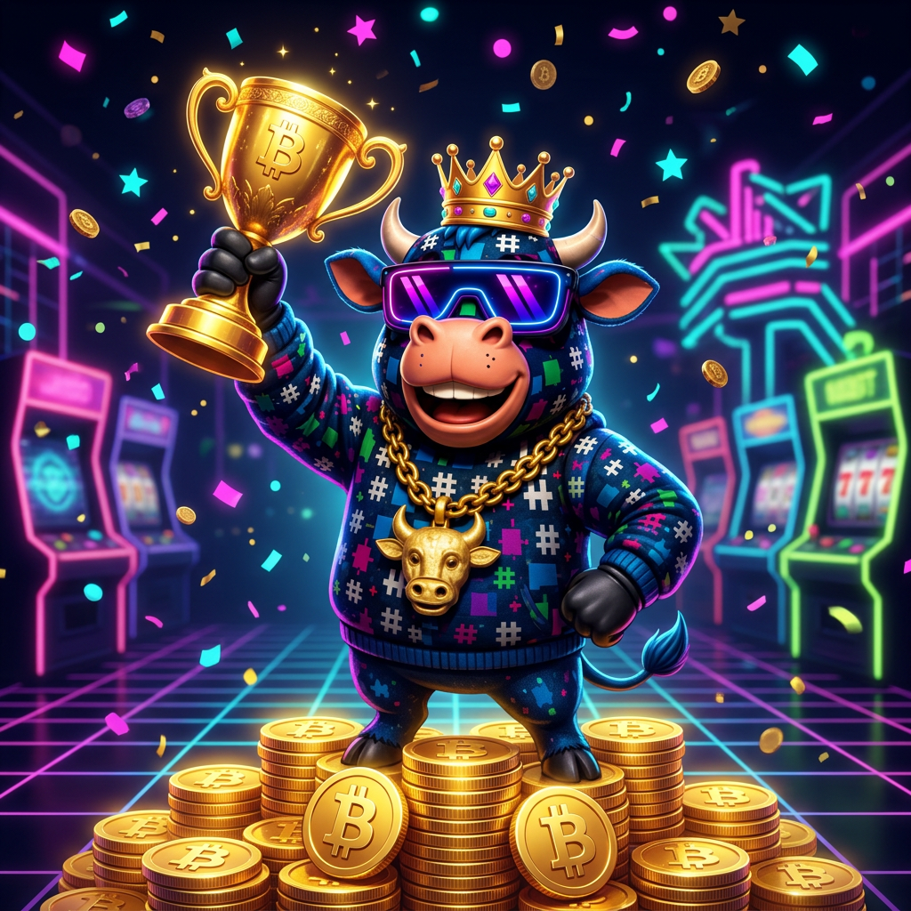 HashCashCow mascot holding a champion trophy — the highest rated crypto and no KYC bitcoin casinos