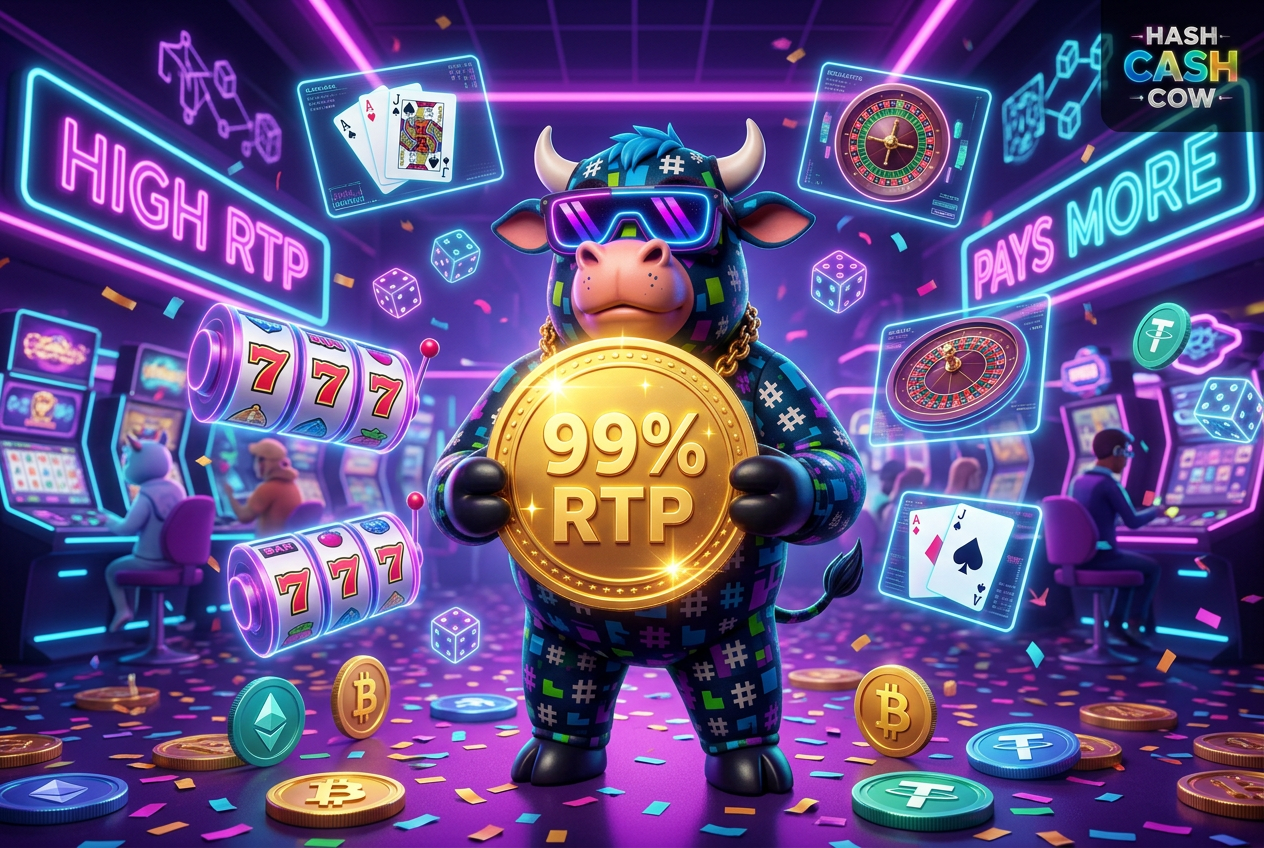 HashCashCow mascot holding a glowing 99% RTP coin at a neon crypto casino