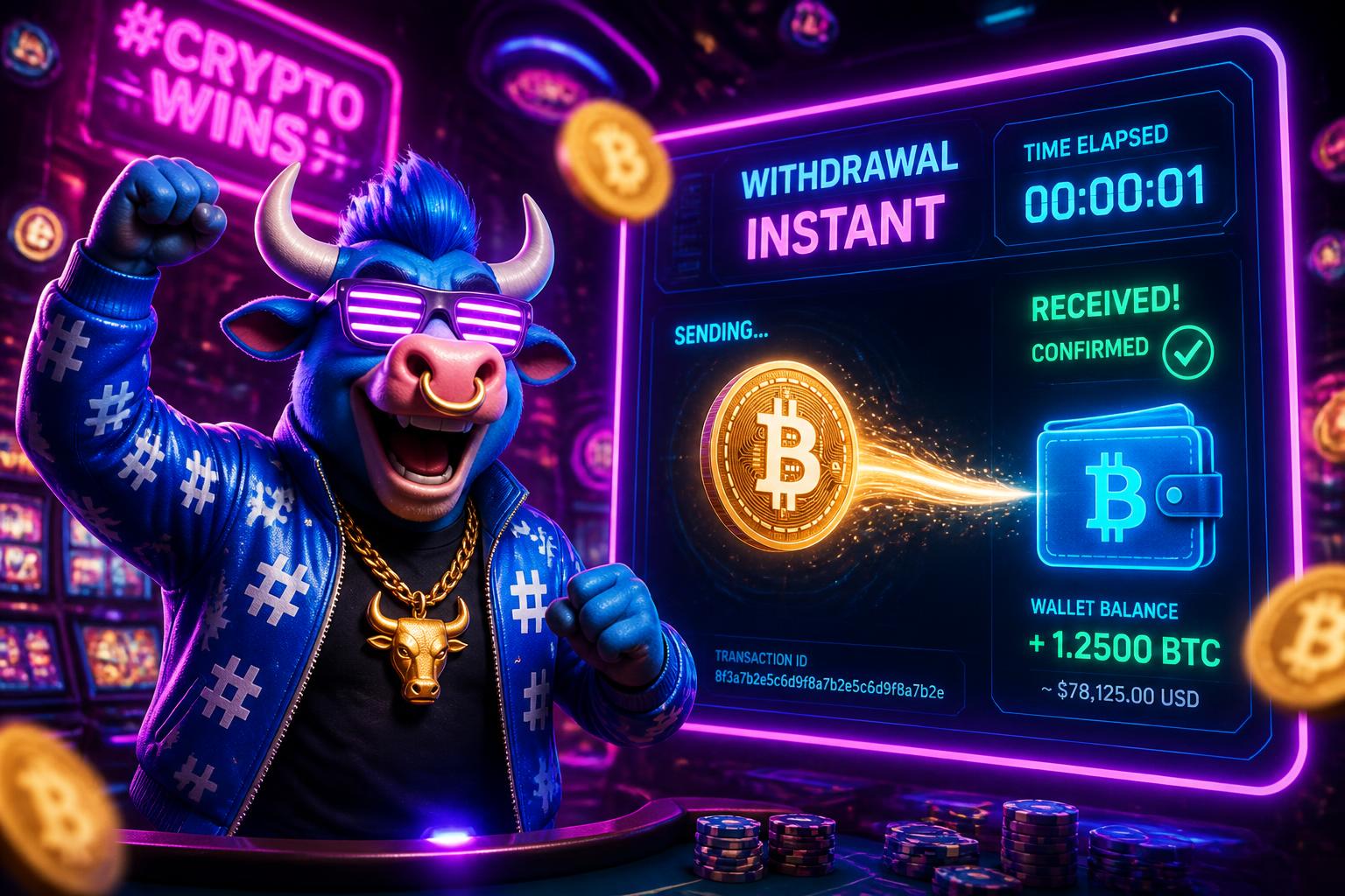 HashCashCow mascot celebrating an instant Bitcoin withdrawal confirmation on a neon holographic screen