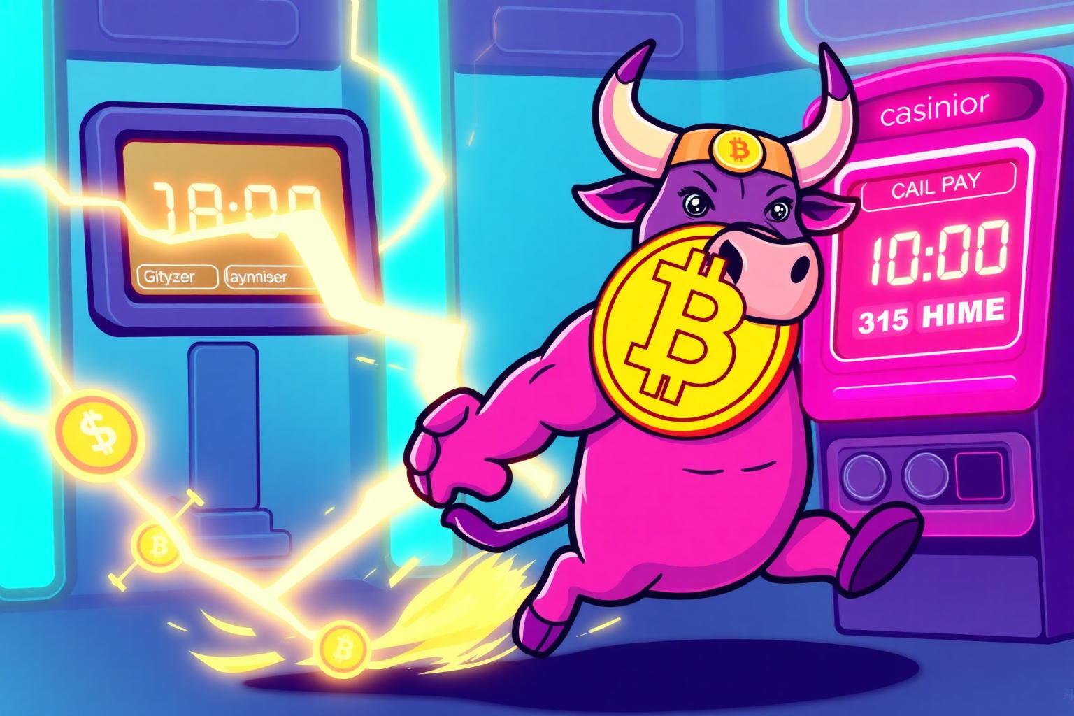 HashCashCow mascot racing a Lightning Network Bitcoin payout past a ten minute timer