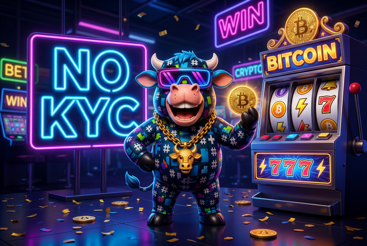 HashCashCow mascot at a neon no-KYC Bitcoin casino