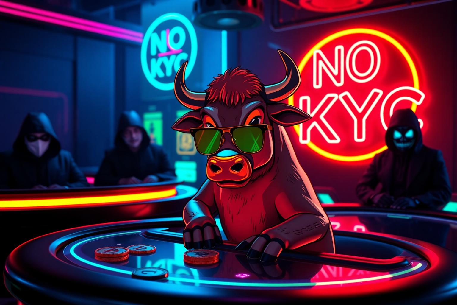 HashCashCow mascot at a neon-lit no-KYC crypto casino with anonymous players