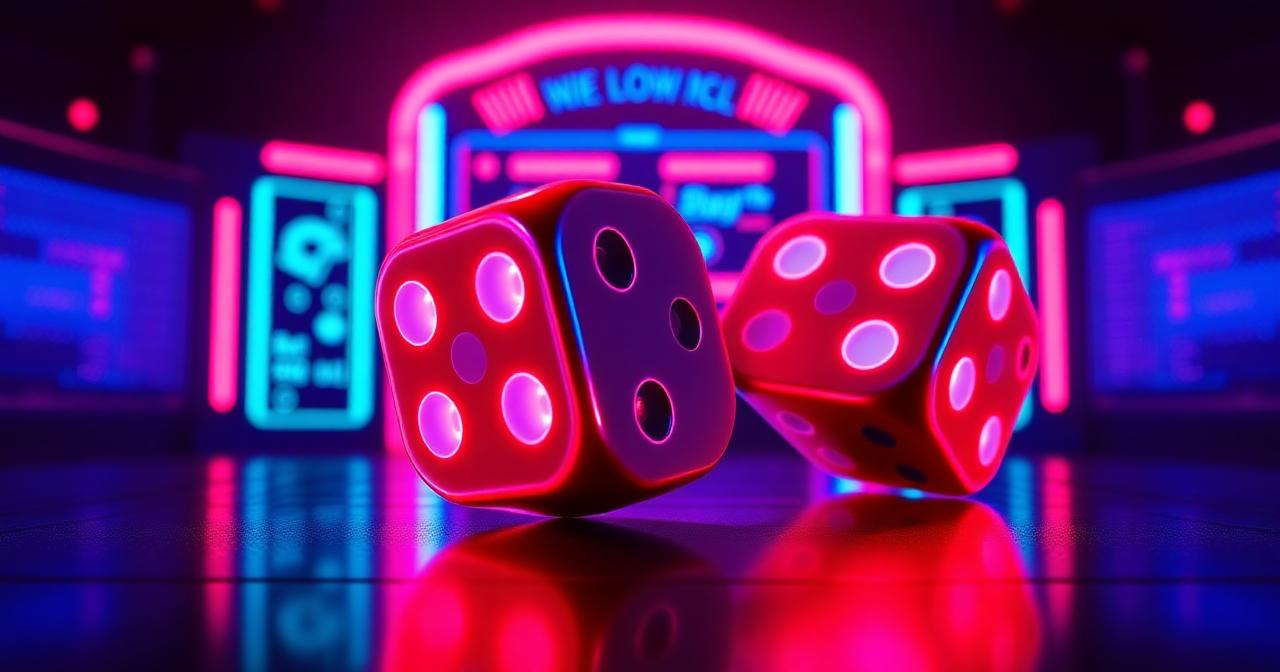 Free Dice game online — two neon 3D dice mid-roll over a reflective stage, no deposit crypto casino dice demo.