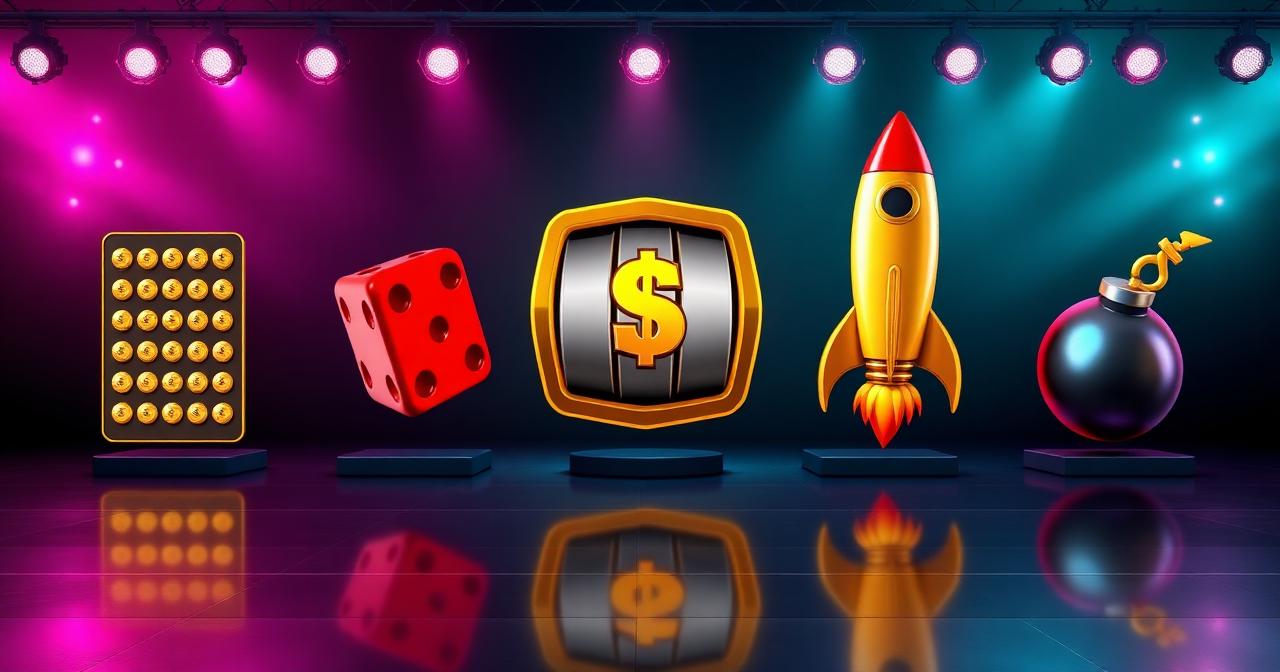 Free-to-play casino games collection — plinko, dice, slot reel, rocket and bomb icons lined up under neon stage lights.