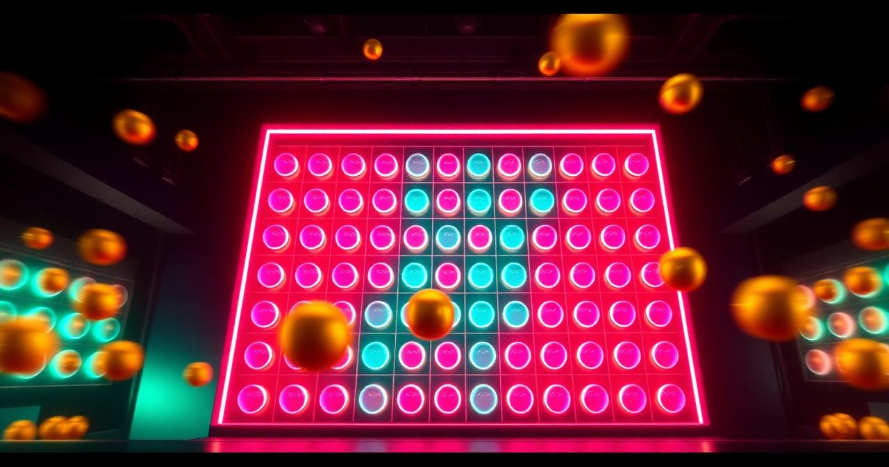 HashCashCow free Plinko game — illuminated pegboard with golden balls falling, browser crypto-casino demo.