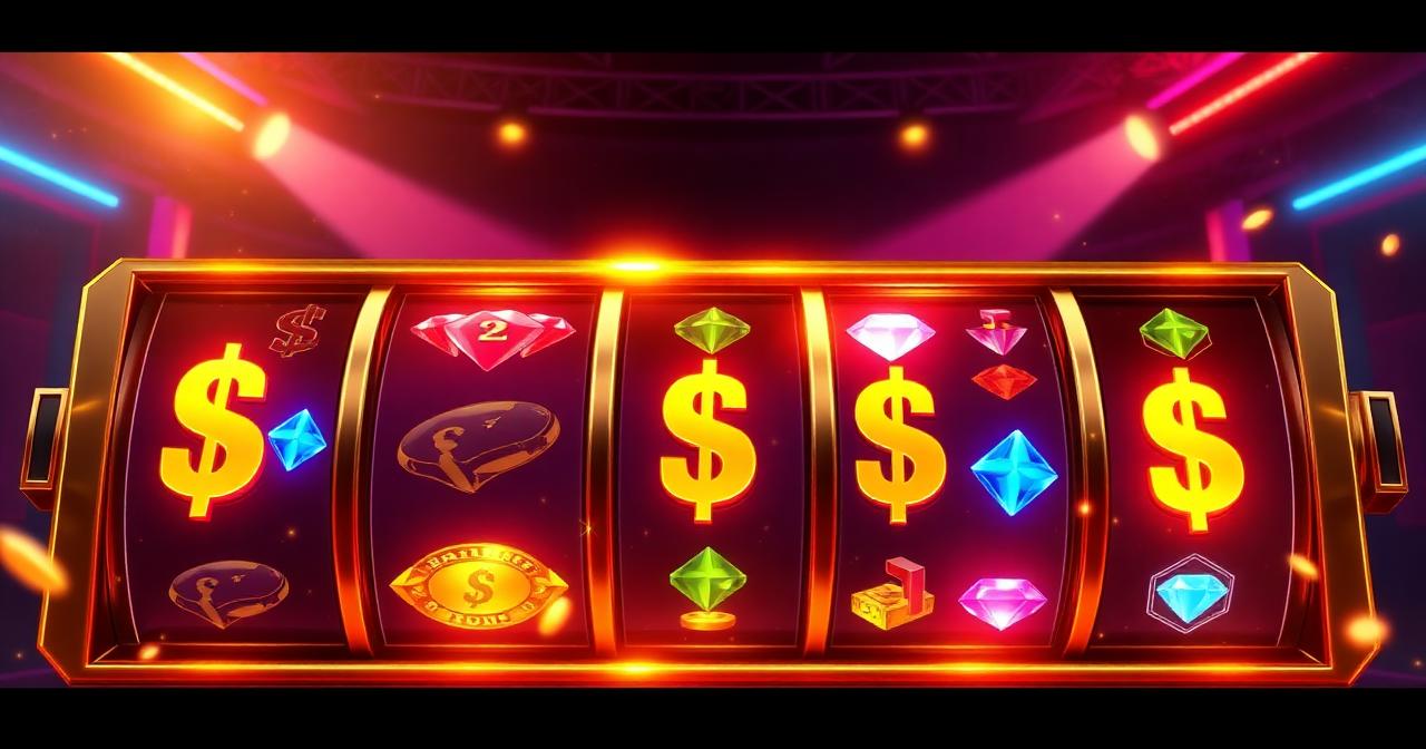 Free Slots online — 5-reel crypto-casino slot machine with glowing golden dollar symbols and gem icons, no download required.