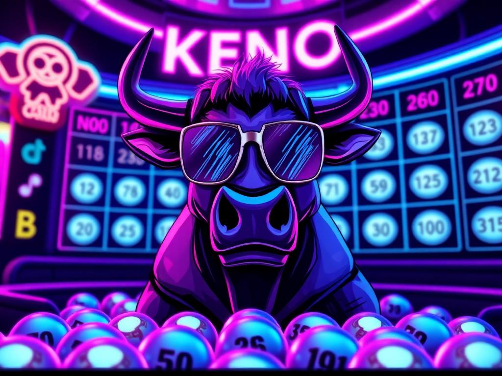 HashCashCow mascot at a neon crypto Keno board