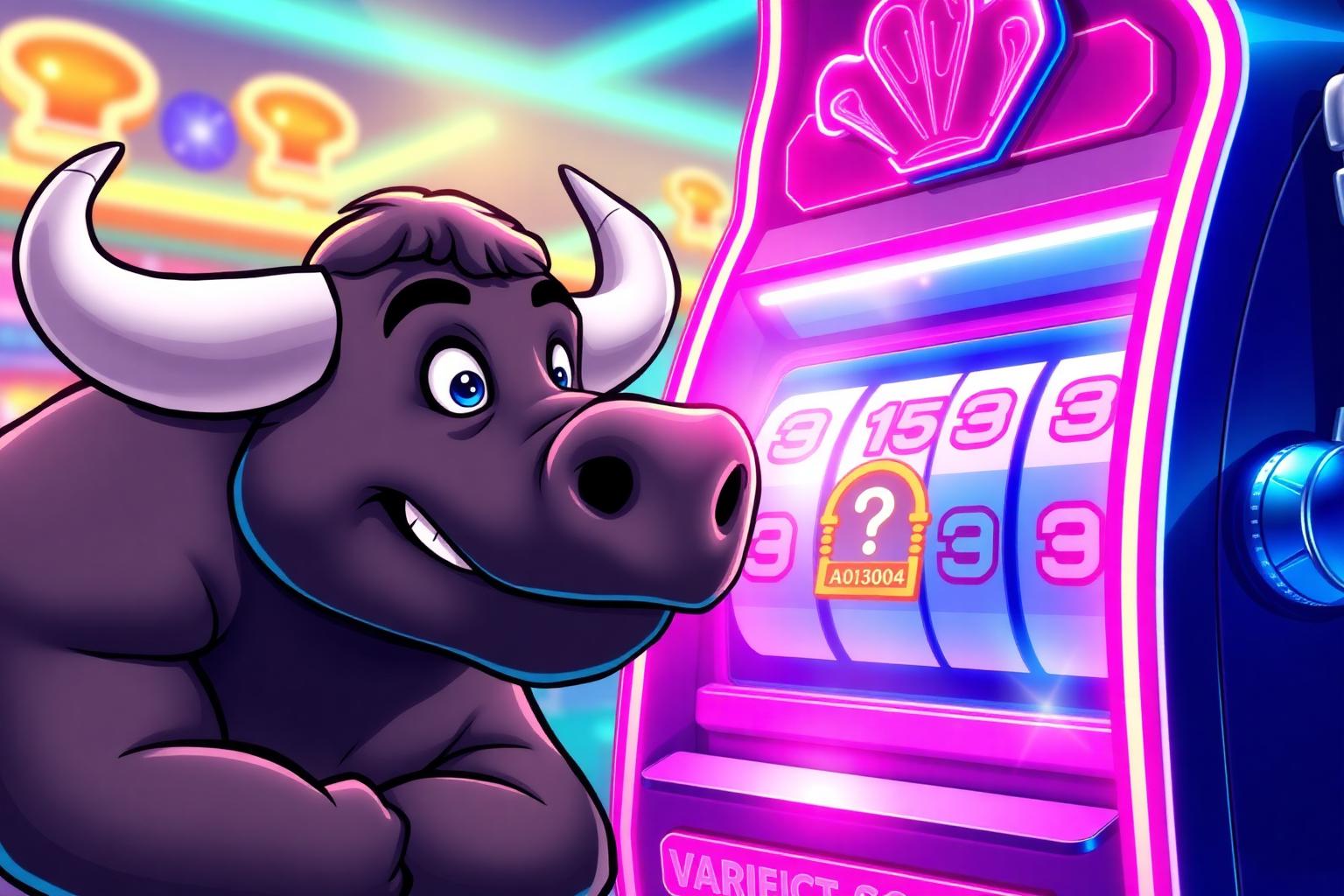 HashCashCow mascot inspecting a slot machine with cryptographic hash verification