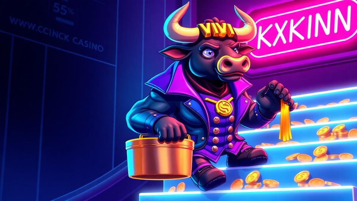 HashCashCow mascot in a VIP jacket climbing a staircase of rakeback tiers