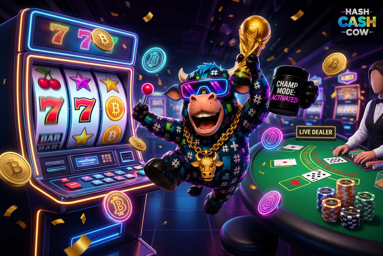 HashCashCow mascot with a slot machine and a live dealer table