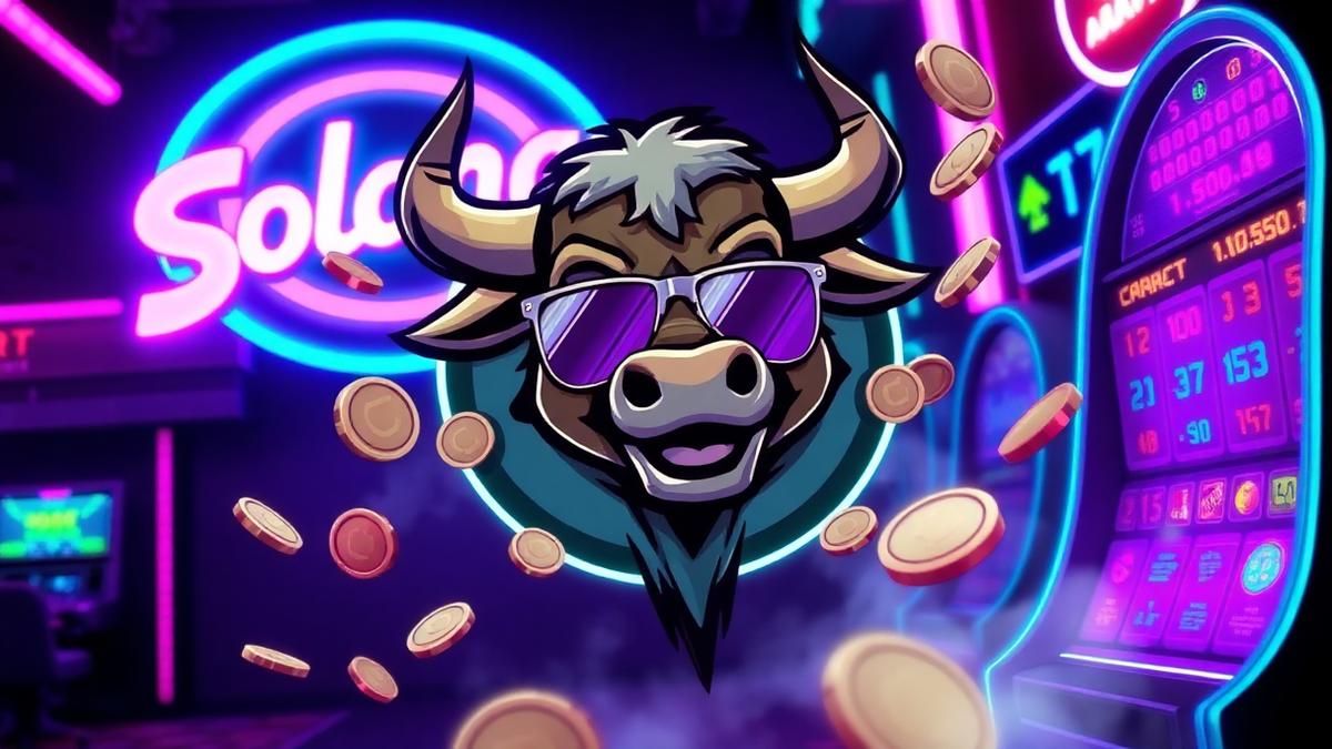 HashCashCow mascot surrounded by neon Solana coins at a crypto casino