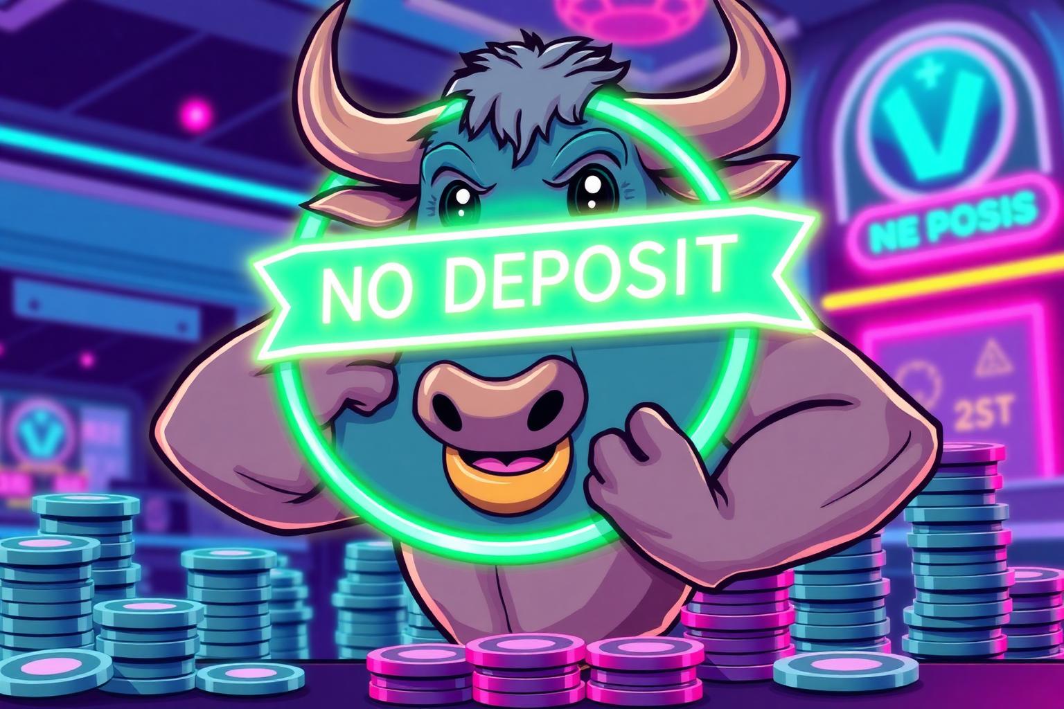 HashCashCow mascot with a NO DEPOSIT banner and stacks of casino chips