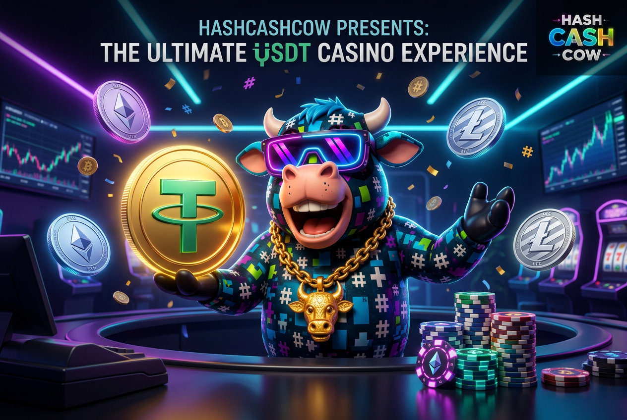 HashCashCow mascot holding a USDT Tether coin and Bitcoin