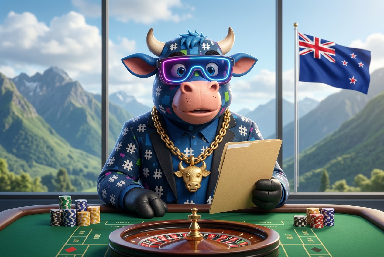 HashCashCow mascot holding an application folder at a casino table with the New Zealand flag and mountains behind him
