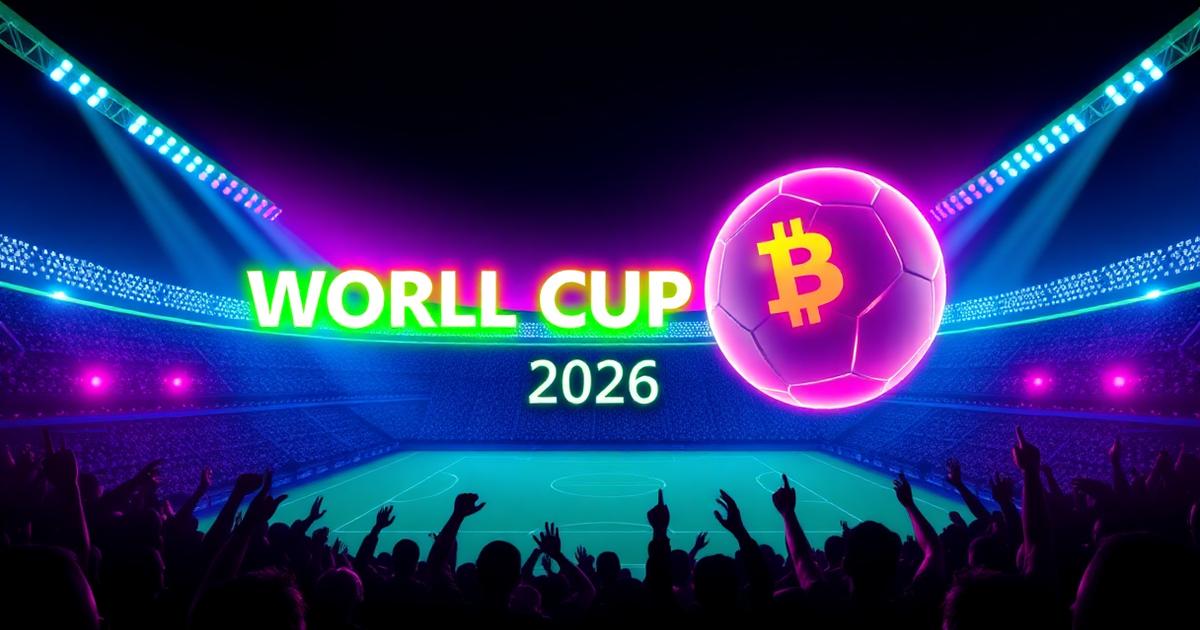 World Cup 2026 crypto betting promotions — golden trophy with Bitcoin coins in a neon stadium